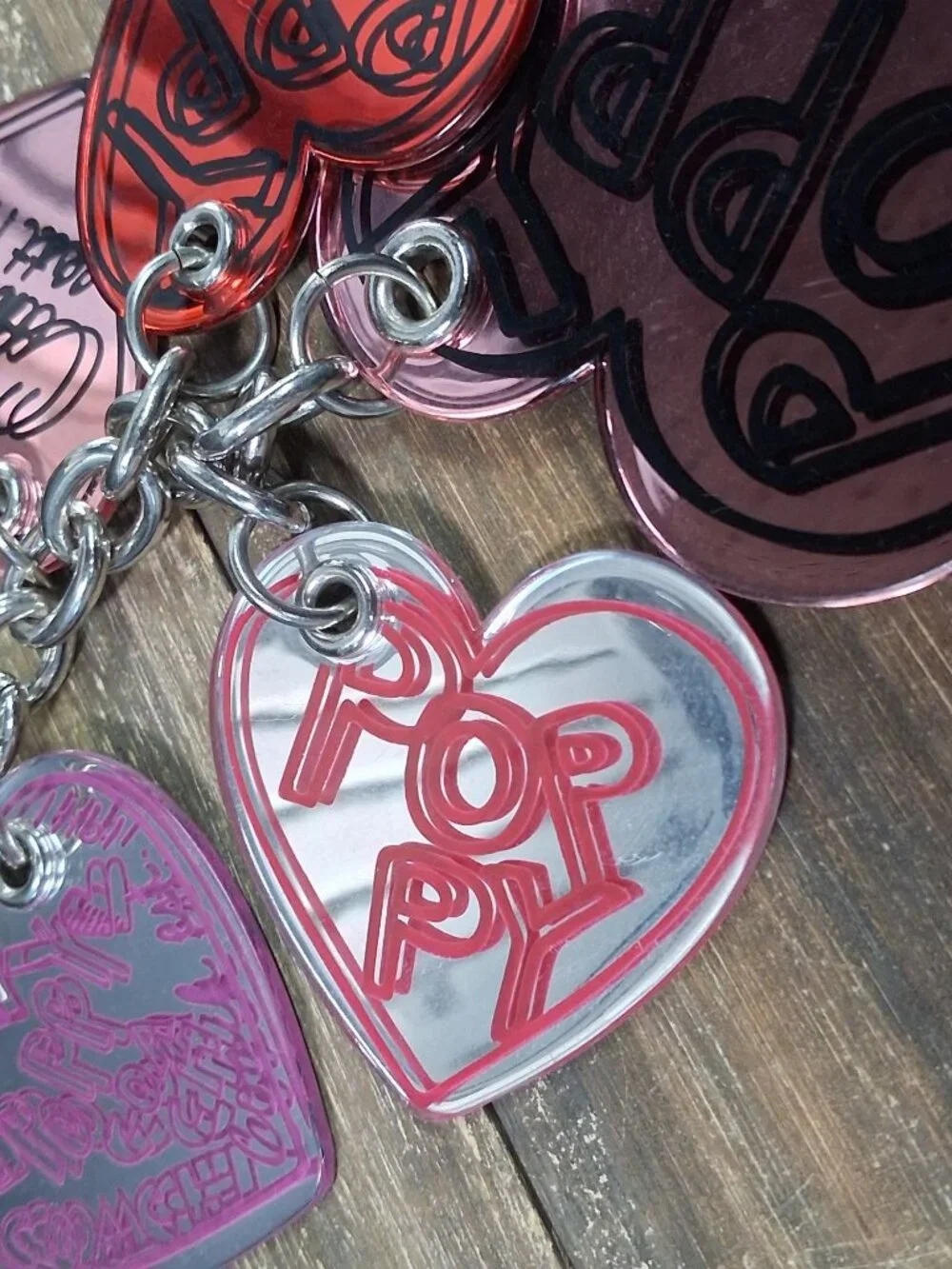 Coach Poppy Keychain Bag Tag Charm Heart Pink Red Outline Logo Mirrored - Picture 7 of 13